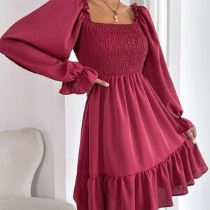 Women's Square Neck Long Puff‎ Sleeve Dress